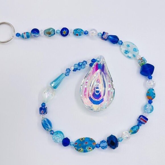 Beaded Suncatcher - Blue - Clear Crystal Prism - Indoor Outdoor Hanging Decor - Picture 3 of 14